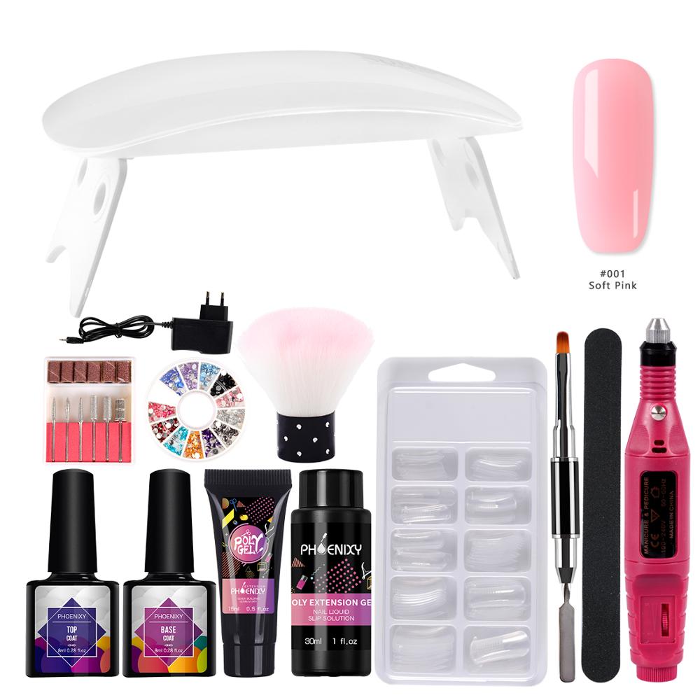 Komplet polygel neglesæt med 36w uv led lampe forlængelse gel sæt hårdt gelé builder gel nail art værktøjer til manicure: 6w med sømbor