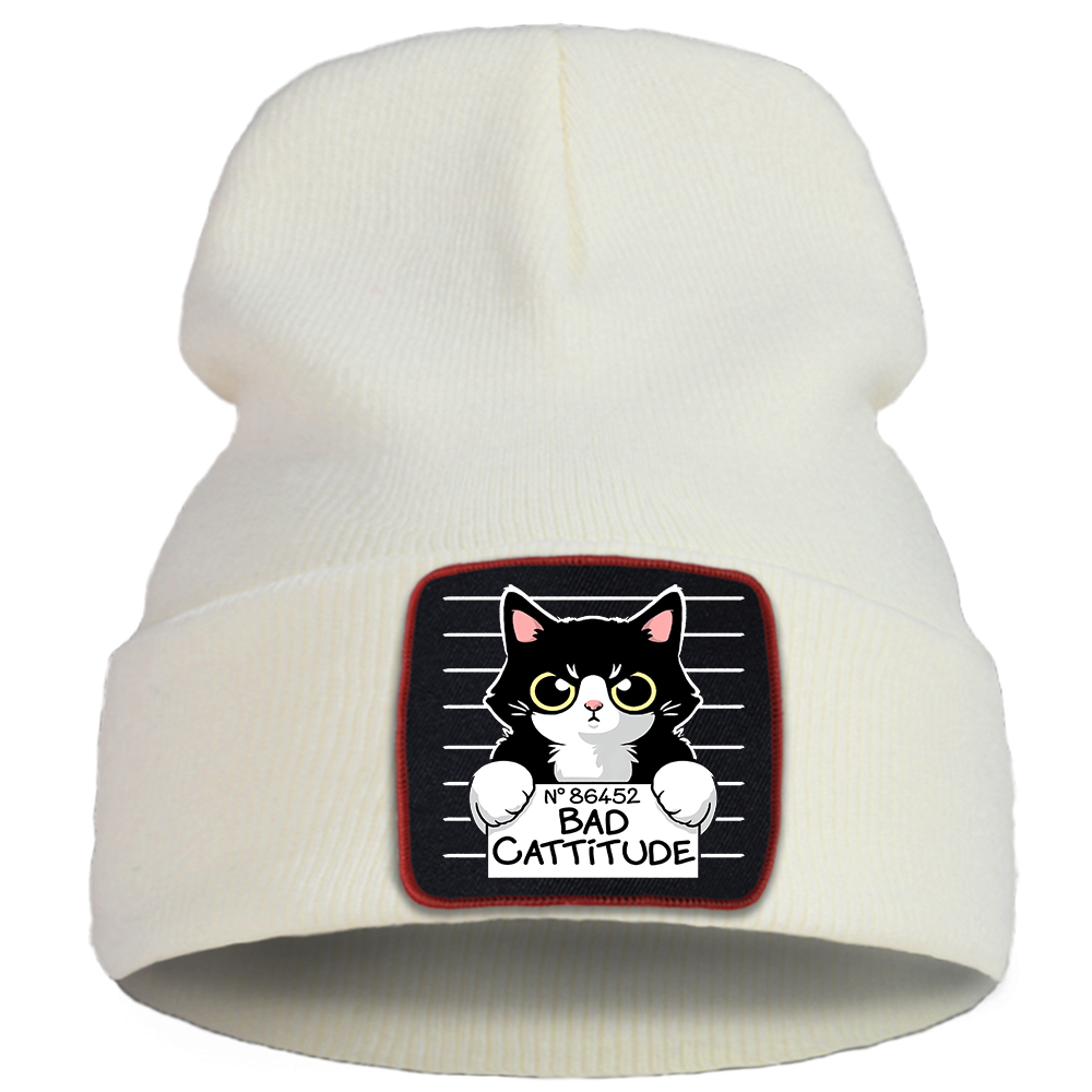 Bonnet en tricot pour femme et garçon, imprimé de dessin animé de chat, pour l&#39;extérieur, décontracté, , à la , Punk, automne: Beige