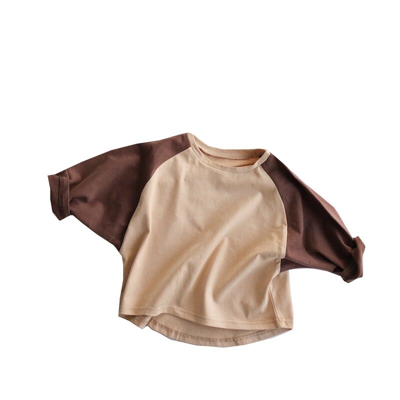 Koreaanse Versie Van De Kinderen Katoen Lange Mouwen T-shirt Voorjaar Baby Met Een Dieptepunt Shirt Contrast kleur Bat: Bruin / 120cm