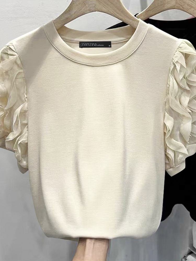 Beige Elegant Ruffled Patchwork Blouse With Zipper Closure And Flare Sleeves For Women main image 1