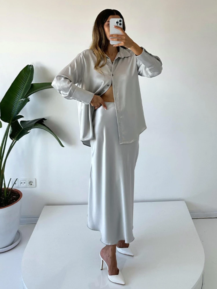 Women's Long Sleeve Shirt Tops Suits Slim Fit Large Swing Dress Set Casual Loose Spring Summer 2 Pcs: XL / GRAY
