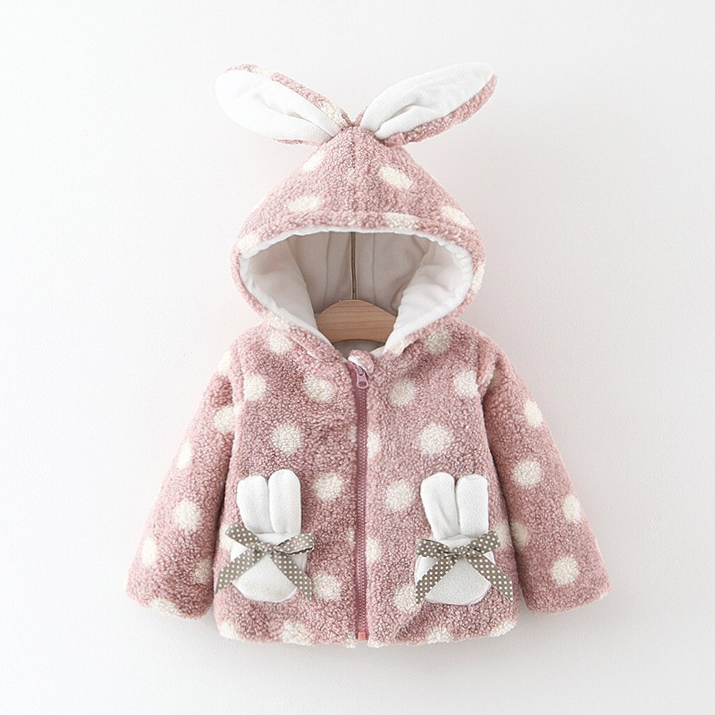 Cute Baby Children Loose Coat Zipper Bow Little Rabbit Pocket Rabbit Hat Dot Pattern Baby Costume Baby Girl Coat Outfit#40: Pink / 80