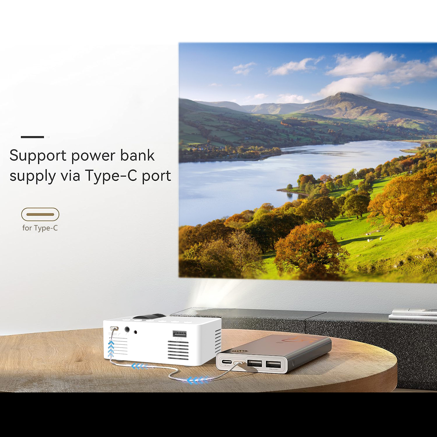 YT100 Entertainment Projector Multimedia Video Home Theater Outdoor Entertainment can be charged with a mobile power supply