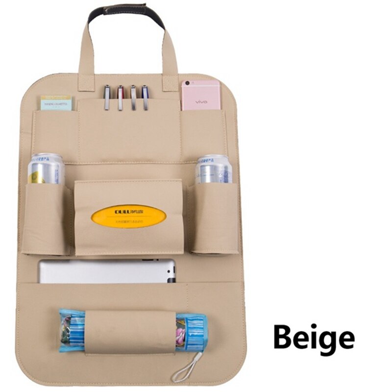 Pu lederen autostoel rugleuning organizer en ipad mini houder universeel te gebruiken als auto achterbank organizer voor kinderen opbergflessen tissues: Beige