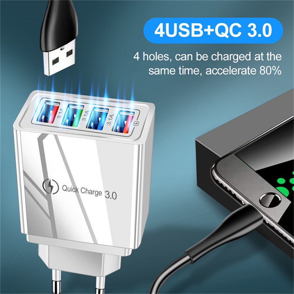 4 puertos USB 3,0 de USB cargador QC 3,0 cargador rápido US/EU/Reino Unido enchufe de cargador rápido para teléfono móvil cargador de pared para el hogar de fastCharger + info