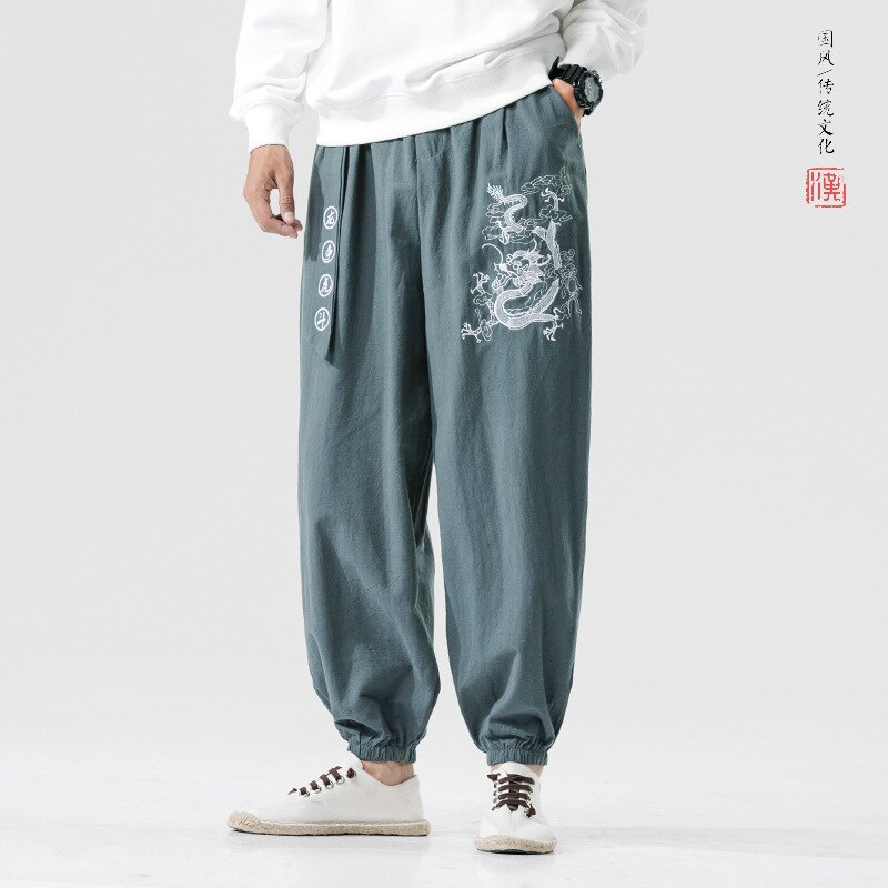 Japanese Casual Kimono Pants Dragon pattern Loose Samurai Print Trouser Japan Men Traditional Asian Costume Yukata Style Cotton