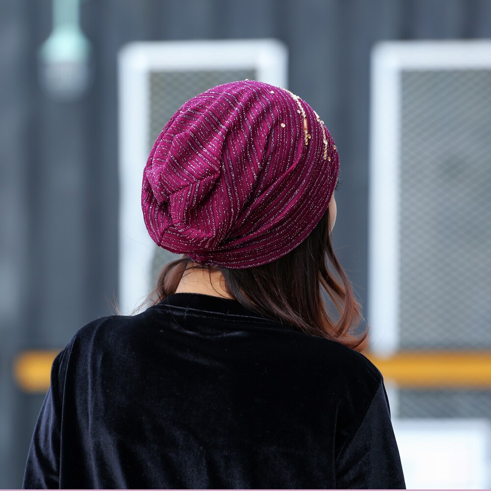 Lace Striped Rhinestones Beanie Hats For Women Casual Diamond Turban Bonnet Caps Female Thin Skullies E Gorros Mulheres