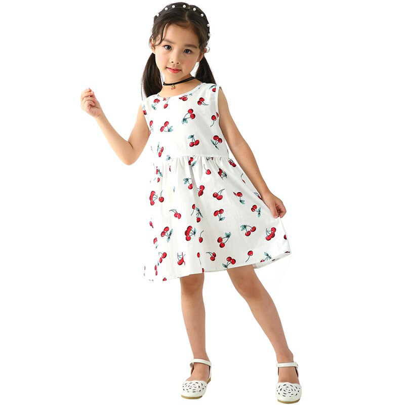 Summer Cotton Cherry Bow Decor Princess Dress Floral Vest Dresses for Girls: White / 5