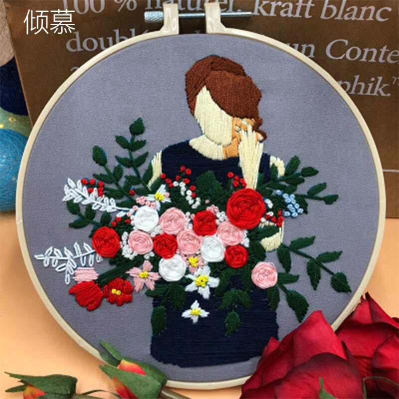 3D Embroidery Kits Cartoon Girl Hand Bouquet Pattern Beginner DIY Embroidery Material Package Cross Stitch Sewing Tools Bordado: 3