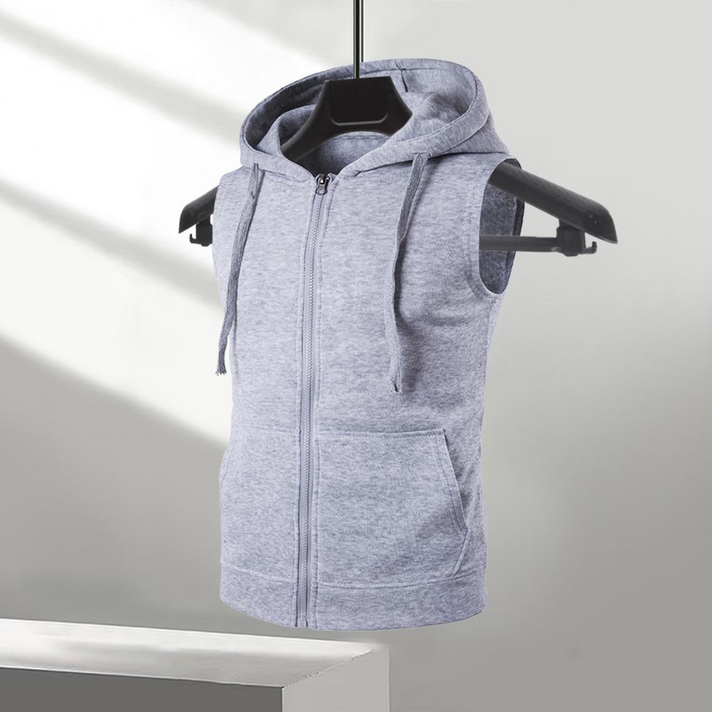 Heren Vest Jas Capuchon Trekkoord Mouwloze Rits Knoopsluiting Vest Jas Effen Kleur Zakken Rits Plakkaat Gilet