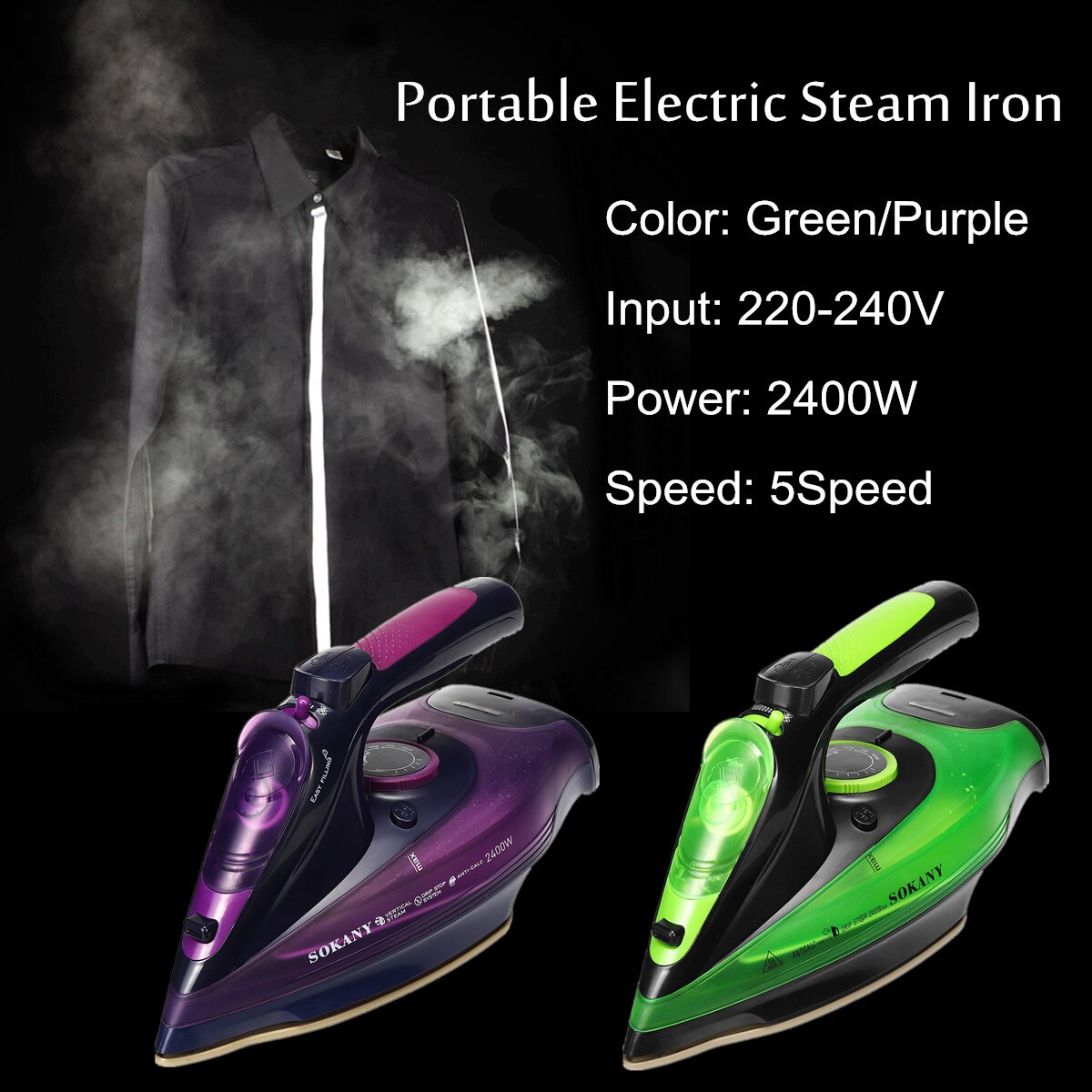 Plancha de vapor con cuerda eléctrica de 2400W, plancha de vapor con carga inalámbrica, ajuste de 5 velocidades, plancha de ropa, ABS + suela de cerámica, enchufe europeo