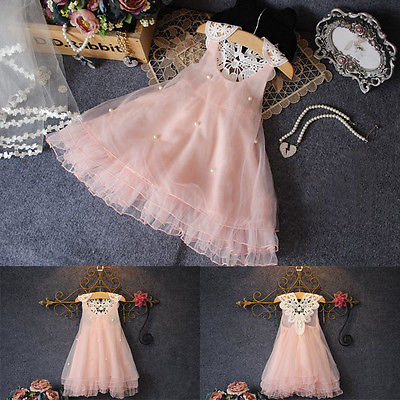 Pageant Toddler Baby Girls Clothes Party Dress Pearl Lace Tulle Gown Formal Dress 2-7Y