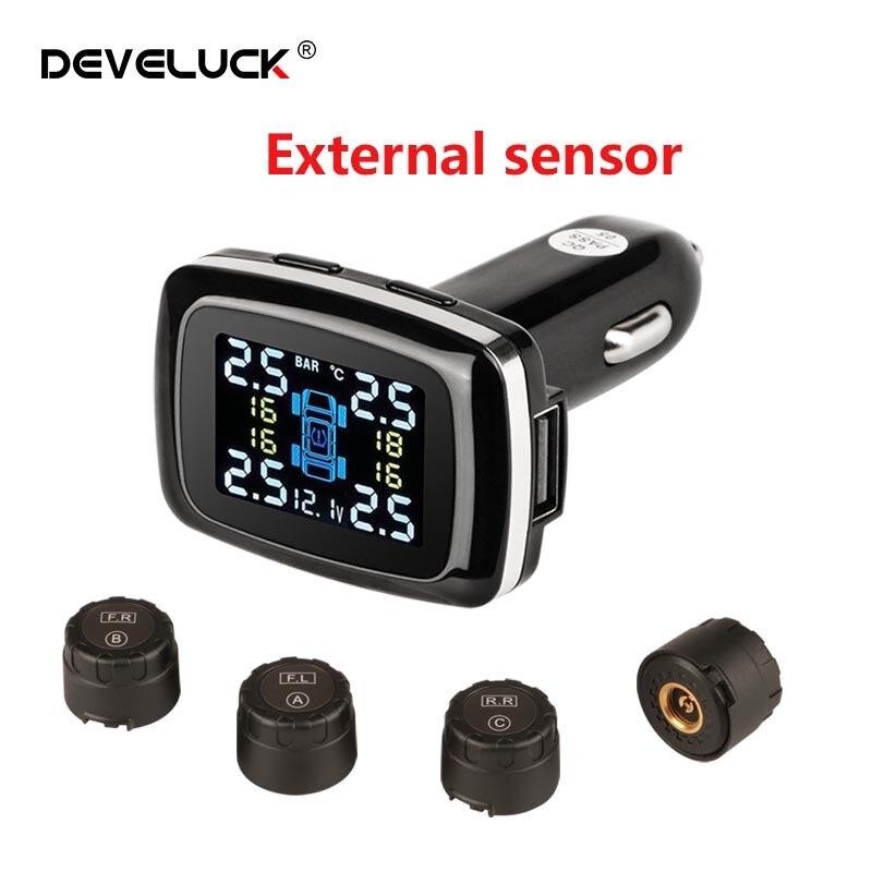 TPMS cigarette lighter car tire pressure high sensitivity alarm system external internal sensor LED display USB external port: TYD9-W