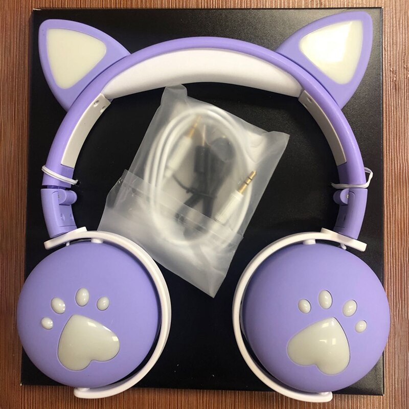 7.1 Stereo Cute Cat Bluetooth Wireless Headphone With Microphone Flashing light Noise Cancel Earphone Music Helmet Girl Kid: purple white