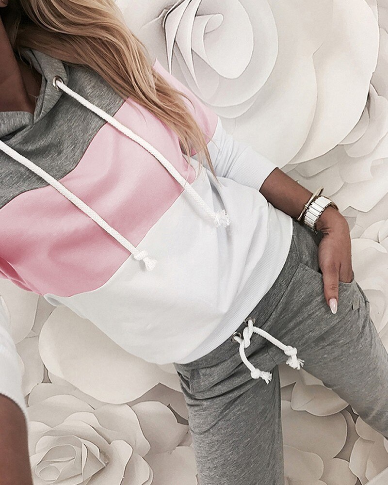 Drawstring Colorblock Hooded Top & Slinky Pant Sets Women 2 Piece Outfits Casual Autumn Tracksuits