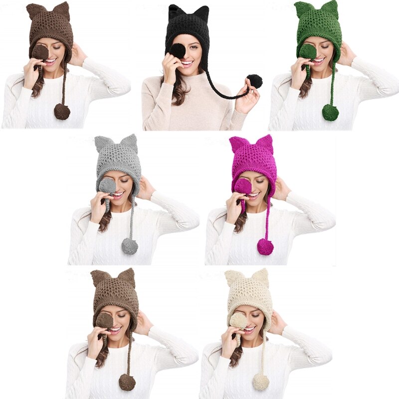Orecchie di gatto tutto'uncinetto cappello lavorato a maglia paraorecchie cappello a cuffia tutto'uncinetto maglia di lana autunno inverno