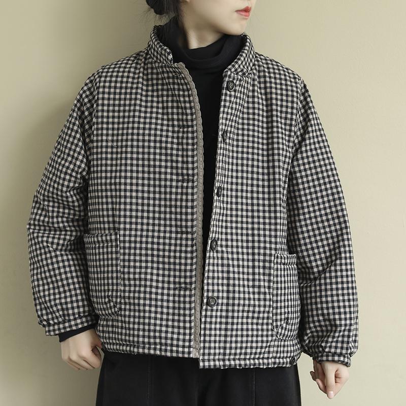 Johnature-Parkas Vintage a cuadros para mujer, Parkas con botones de mezcla de algodón, bolsillos de soporte, abrigos cálidos de cintura ancha para mujer: Negro / XL