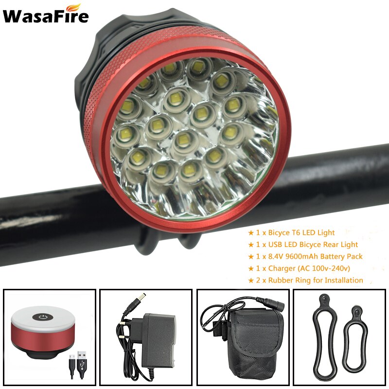 Fiets Front Light Koplamp 40000 Lumen 16 Xml T6 Led Mtb Lantaarn Fietsen Fiets Lamp Stuur Zaklamp Running Lights: Red 9600 taillight
