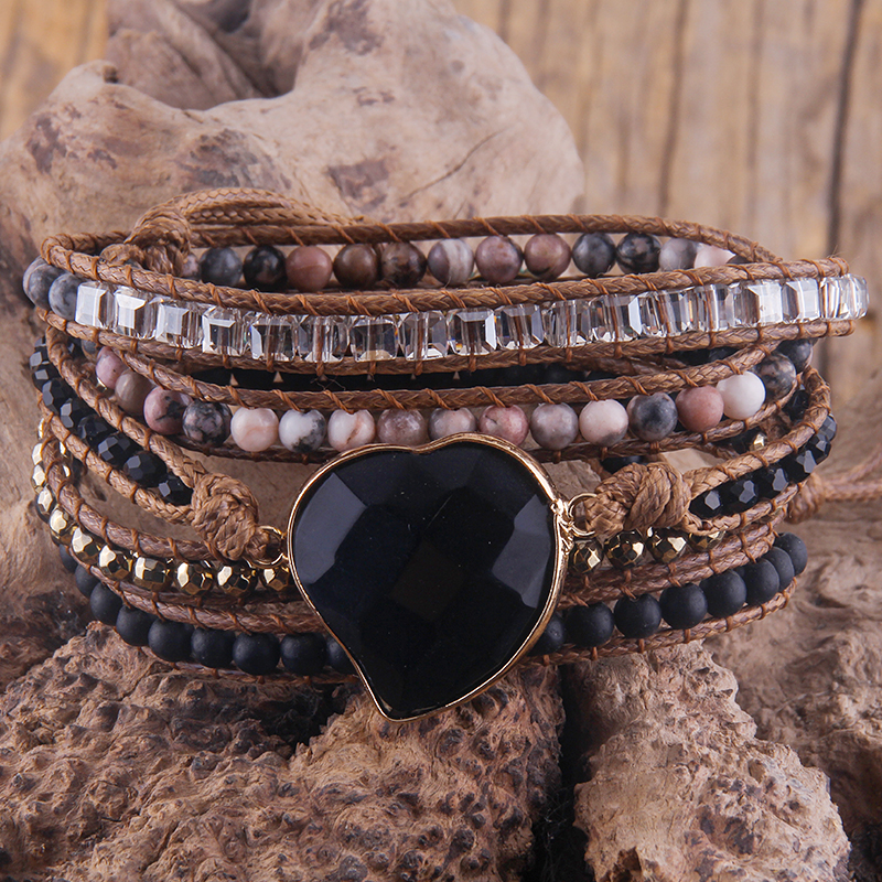 RH Handma-pulsera Bohemia con piedras naturales mezcladas, colgante de corazón, 5 pulseras de tiras, para mujer: black