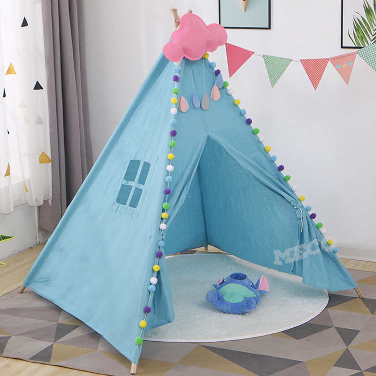 1.35m Tende per la Spiaggia per I Bambini di Tela di Grandi Dimensioni Tenda Teepee Tipi con Grigio Poms Indiano Tenda del Gioco Casa Dei Bambini tepee Tee Pee Tenda: Blu