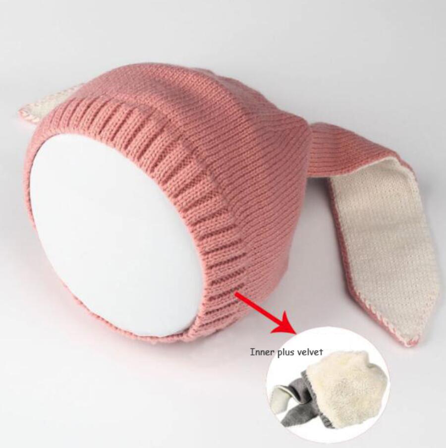 Chapeau en coton tricoté avec oreilles de lapin pour bébé, accessoires de photographie, automne et hiver: Plus velvet pink