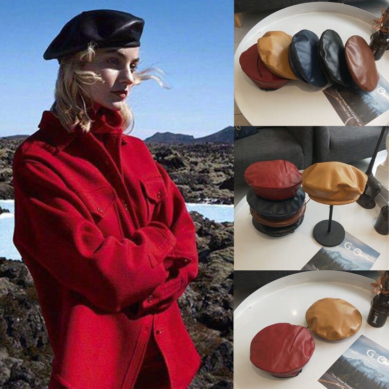 Kvinnor basker solid faux pu läder basker fransk konstnär varm mössa hatt klassisk stil