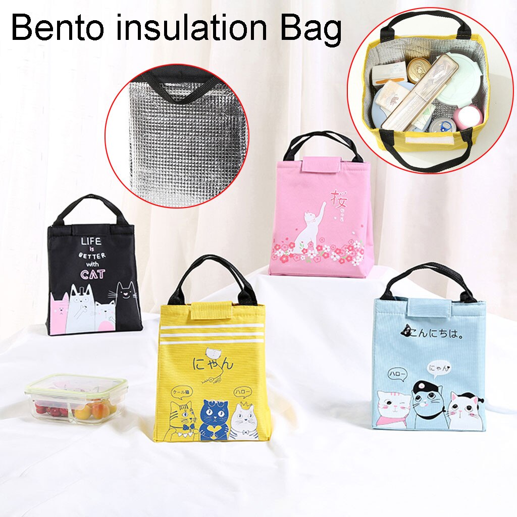 Cute Cartoon Cat Print Waterproof Lunch Bag Thermal Cooler Insulated Portable Tote Bag Accessories