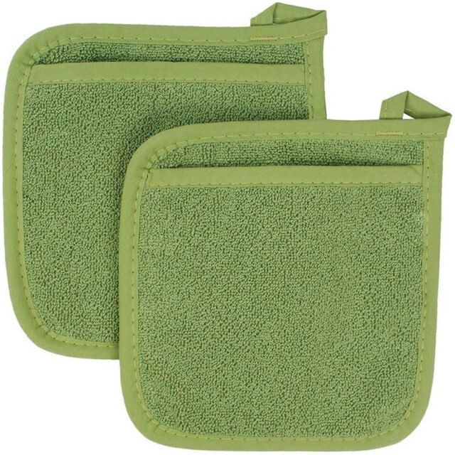 2 Stuks 3 In 1 Pot Houders Badstof Lus Katoenen Doek Handschoenen Pocket Kussen Mat Keuken Tool Koken: Green