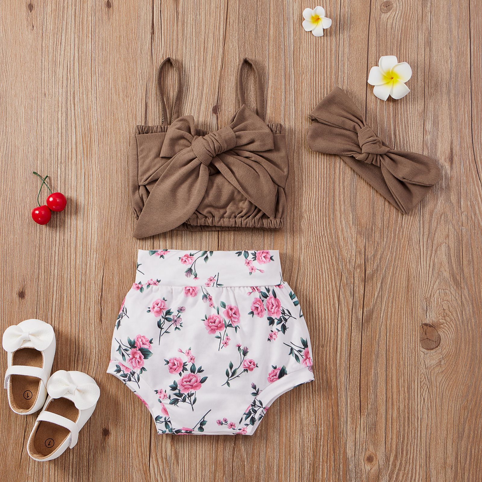 Baby Twin Clothes Infant Girl Summer Outfits Toddler Solid Suspender Top + Floral Shorts + Headband 3pcs Set Children Clothing