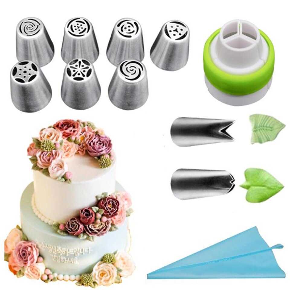 Msjo 11 Uds boquillas rusas de glaseado de tulipán boquillas de pastelería inoxidable boquillas de bolsa de confitería boquillas con acabado de hojas Juego de Herramientas de decoración de pasteles: 11 pcs 1 set