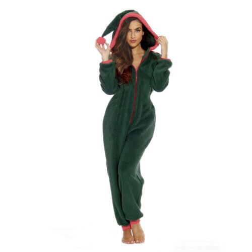 Women Christmas Hooded Jumpsuit Pajamas Fleece Winter Solid Warm Santa Sleepwear Xmas Cute Clothes Nightwear Home Wear Suits: Green / XXL