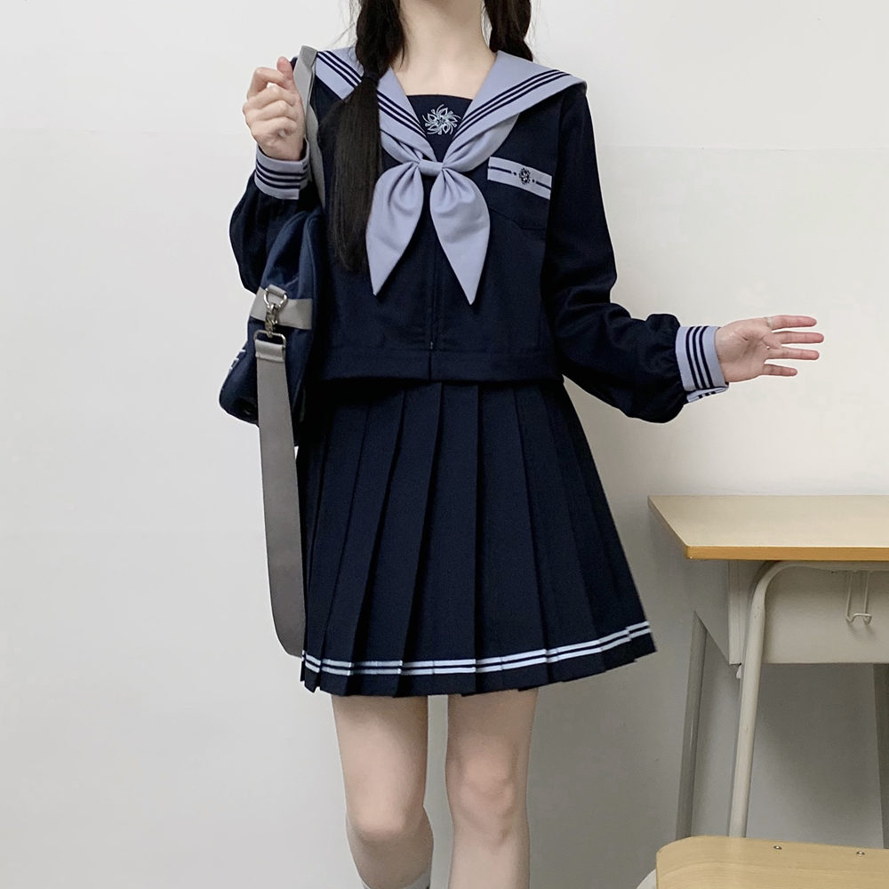 Japansk jk-uniform preppy-stil sjömansdräkt söt blå lång kortärmad topp med åtsittande midja och plisserad kjol för flicka: Xl / Guld-