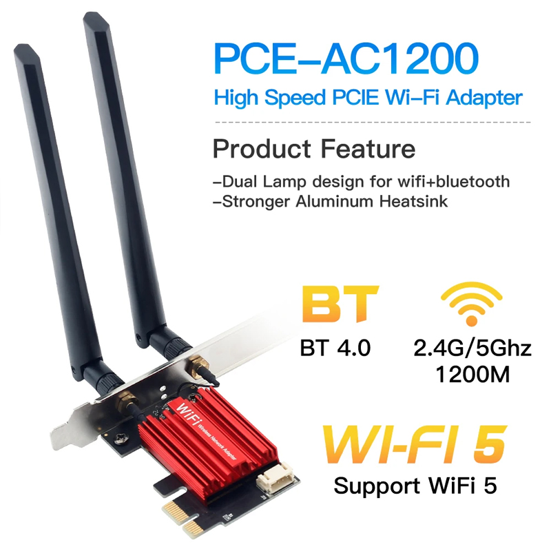 WiFi 5 PCI-E Wireless Adapter Network Card AC1200 Dual Band 2.4G/5GHz 802.11AC For Bluetooth 4.0 Desktop Laptop Windows 10: Default Title