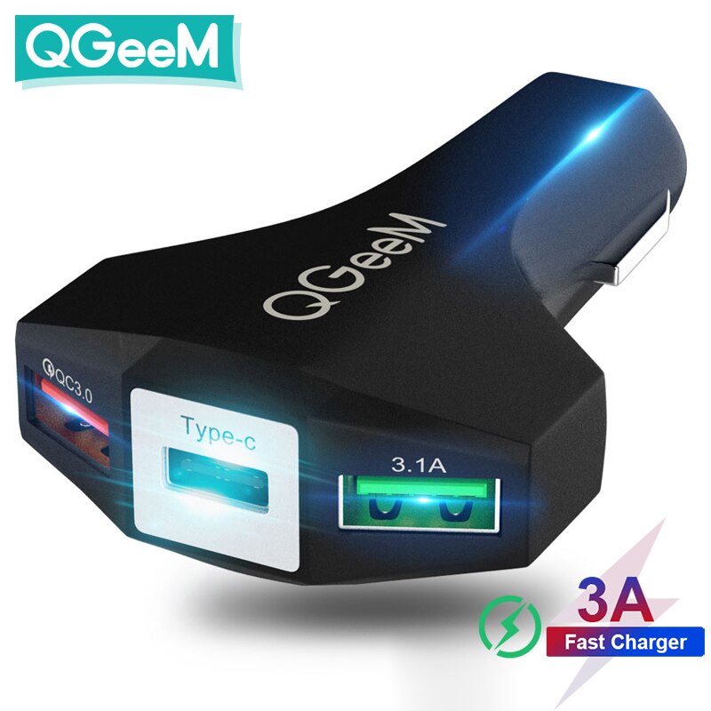 Qgeem Usb C Auto-oplader Quick Charge 3.0 Auto Type C Snelle Auto-oplader Adapter Hamer 3USB Draagbare Auto-oplader voor Iphone Xiaomi