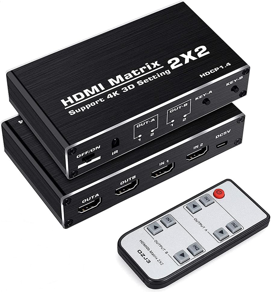 HDMI Matrix Switch 2x2 4K@60Hz HDMI Switch with IR Remote Control Support HDMI 2.0b, HDCP2.2, HDR10, Ultra HD, 3D