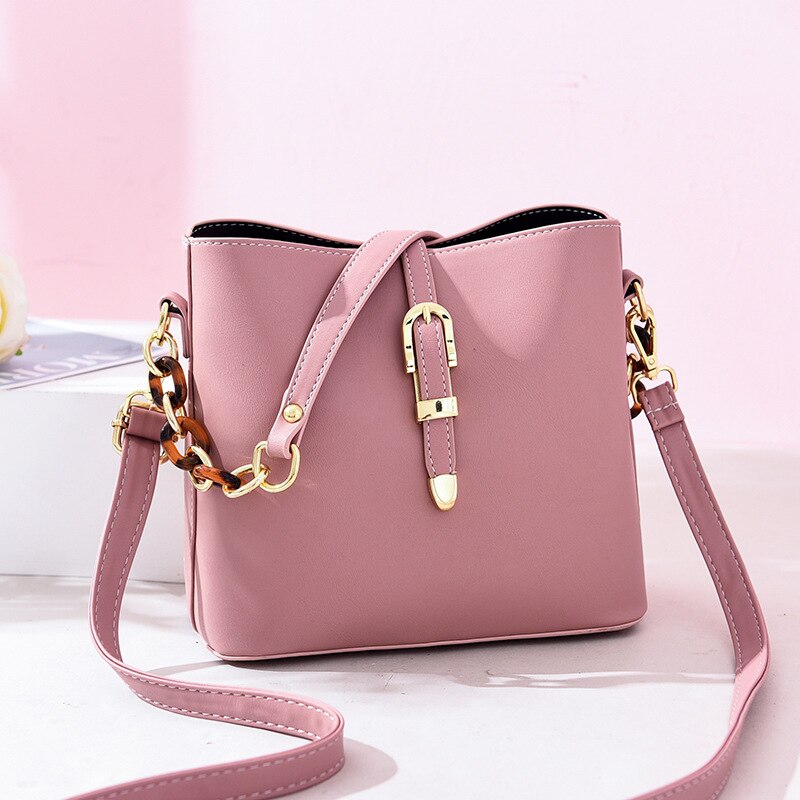 Bucket Shoulder Bag Women Chains Crossbody Bag Female Belt lock Messenger Bags Ladies PU Leather Handbag Women's Bag: pink