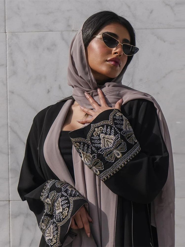 Ramadan eid svart broderi öppen modest abaya dubai sommar muslimsk kimono abayas för kvinnor kaftanklänningar islamiska kläder