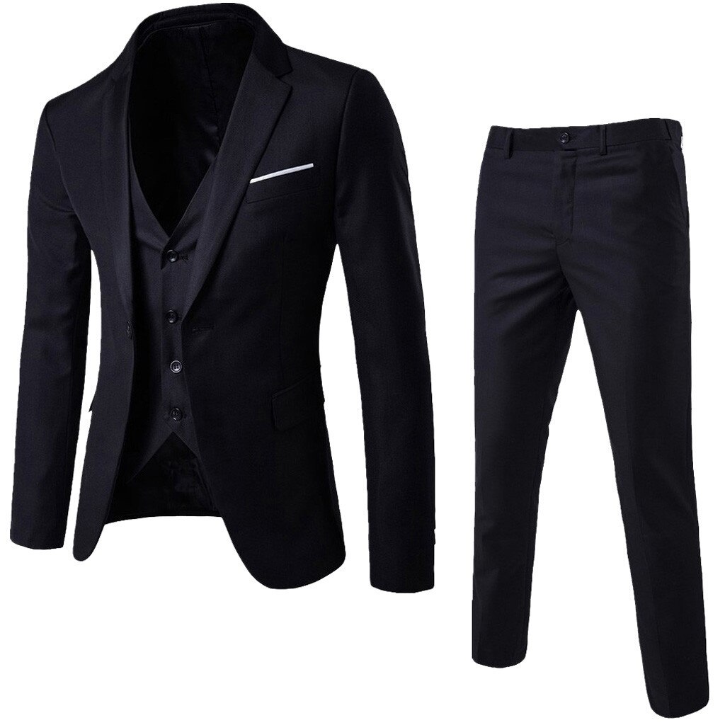 3 piezas de hombre de negocios Blazer + chaleco + pantalón conjunto de traje para hombre de oficina de trabajo Formal sólido Delgado boda conjunto Vintage clásico Blazers: Black / L