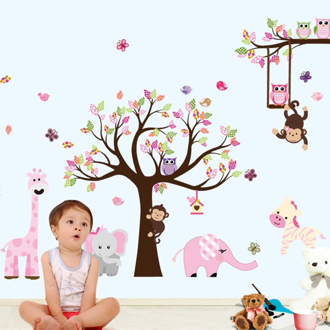 XXL Cartoon Dieren Zoo Uil Vlinder Aap Muurstickers voor Kinderkamer Home Decor Kleurrijke Boom Decal Stick op muur