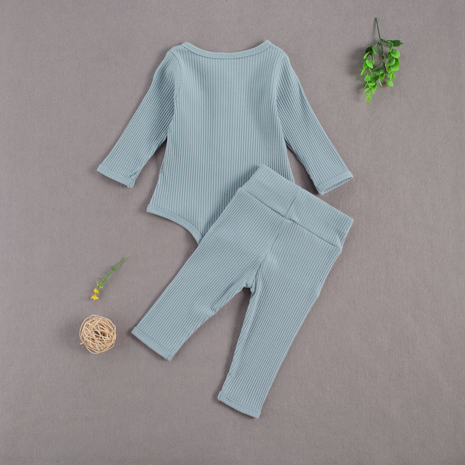 Focusnorm 0-18M Pasgeboren Baby Meisjes Jongens Nachtkleding Sets Solid Knit Knop Lange Mouw Romper Tops Broek 2 stuks 4 Kleuren