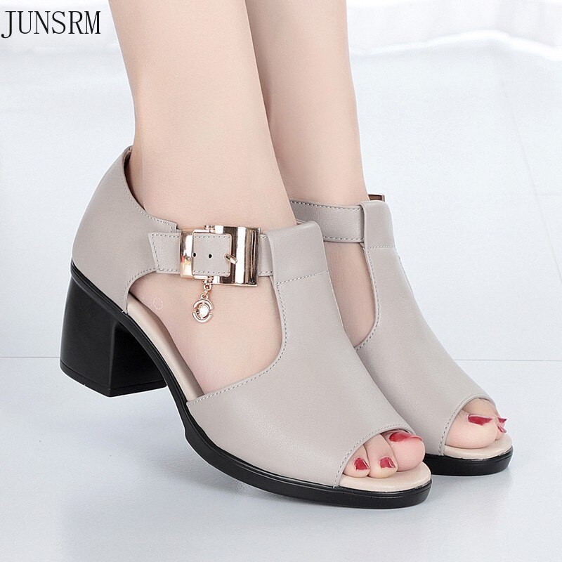 Summer style fish mouth casual ladies solid color thick heel buckle sandals sandalias mujer