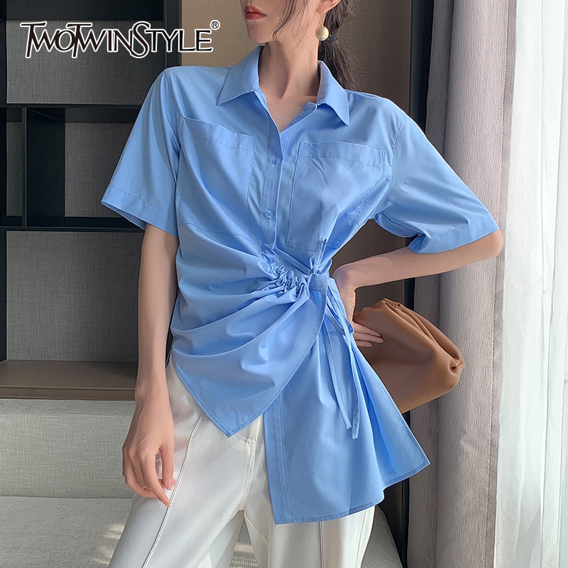TWOTWINSTYLE Asymmetrical Women Shirt Lapel Collae Half Sleevel High Waist Irreguar Ruched Blouse For Female Clothes