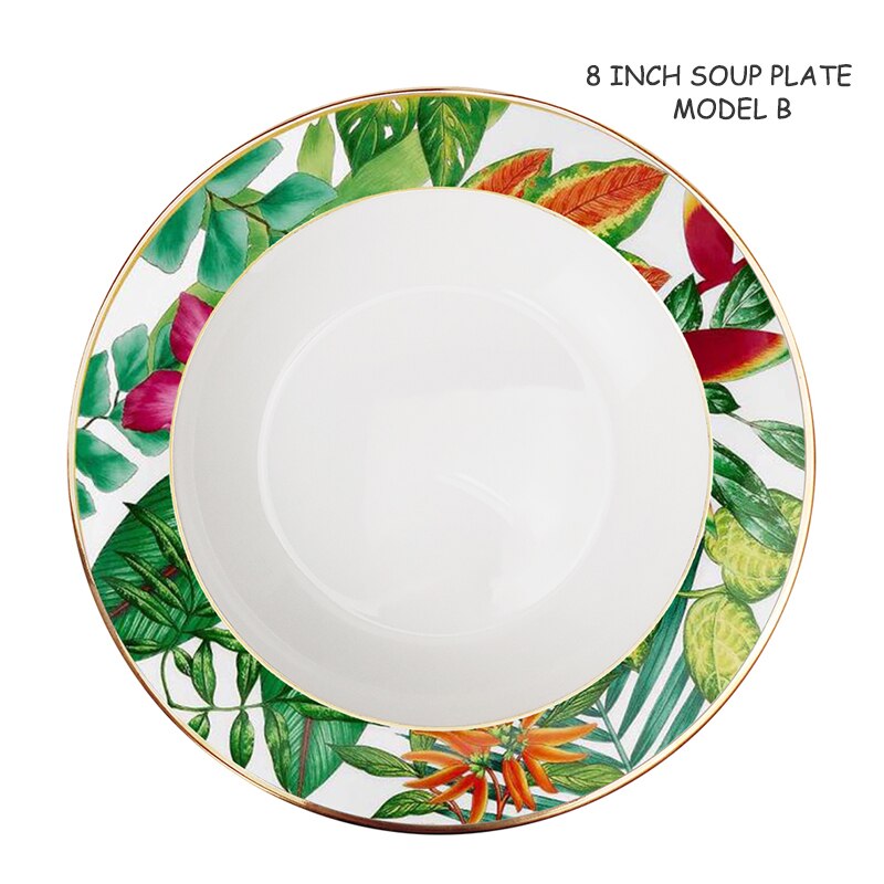 Restaurant and Home Use Coffee Set And Bowl Western Bone China Round Plate Forest Dessert Series Set Leaves, flowers: T