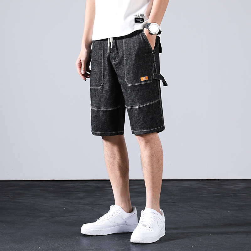 Men Solid Color Black Jeans Shorts Cool String Big Pocket Men Denim Shorts Straight Outdoor Knee Length Jeans Pants 28-38