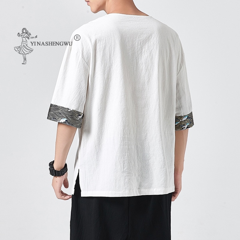 Japanske kimonoer kortærmet t-shirt broderet harajuku yukata japan sommer herre linned herre skjorter bukser asiatisk kostume