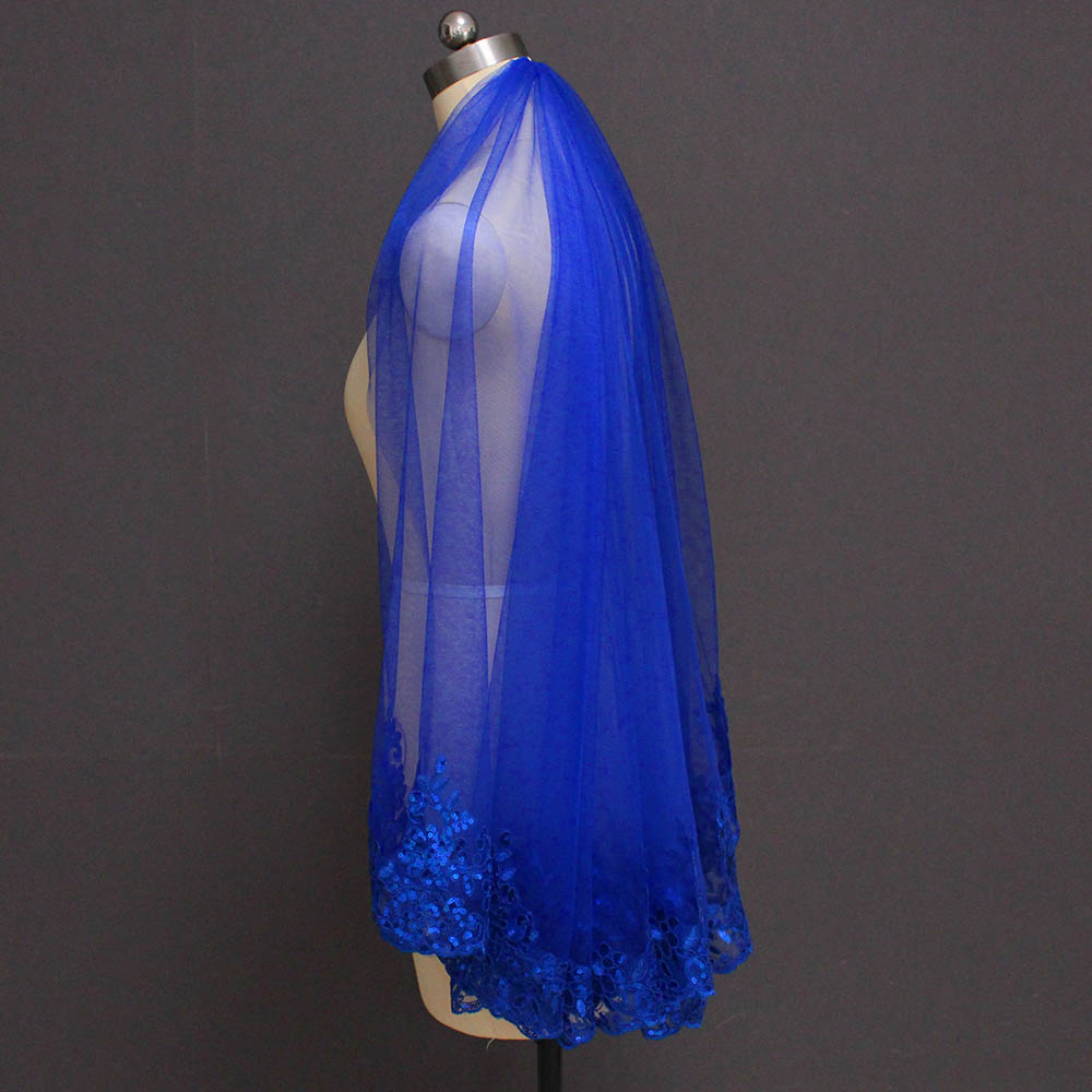 Velo de novia corto de encaje de lentejuelas ostentosas de color azul real, hermoso velo de novia de una capa, accesorios de novia, novedad