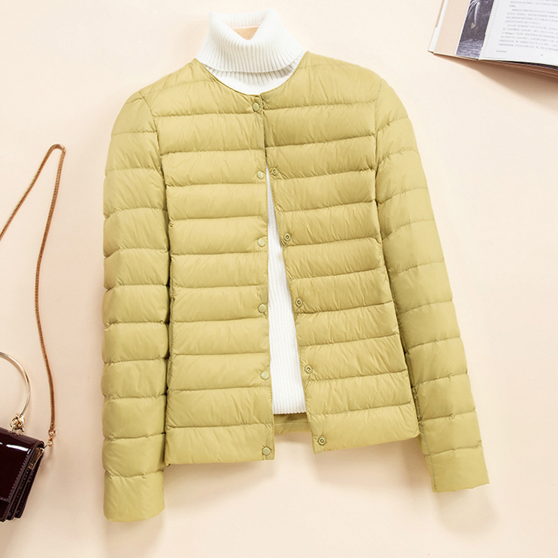 Koreansk slim fit o-hals v-hals dame kort quiltet pufferfrakke arrivlas dame ultralette pakbare forjakker: 4xl / Gul