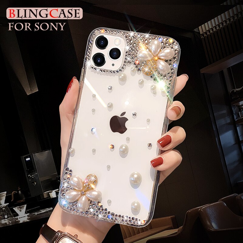 Pearl Diamond Flower Phone Case For Sony Xperia 1 5 10 II XZ Premium XA XA1 Ultra Plus X Performance Rhinestone Cover