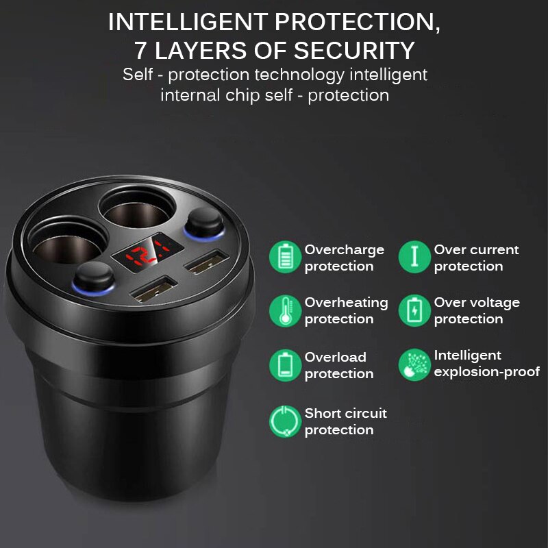 Multi-Function Car Charger 2 USB 5V 3.1A Efficient Car Cup Power Socket Adapter With Voltage LED Display Cigarette Lighter