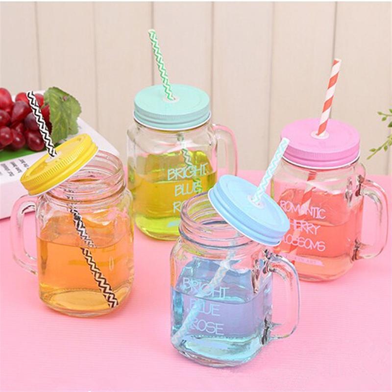 Bouteille transparente en verre, pour jus de fruits, jus de fruits et boissons fraîches, contenant en paille pour le Sport, bocal à maçon et citron, avec couvercle